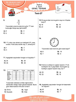 ilkokul 1. Sınıf Genel Tekrar Testleri 